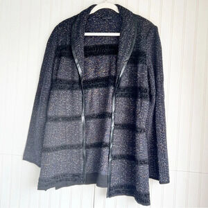 MING WANG Size L Open Cardigan Boucle Blue Black Knit Jacket with Leather Trim
